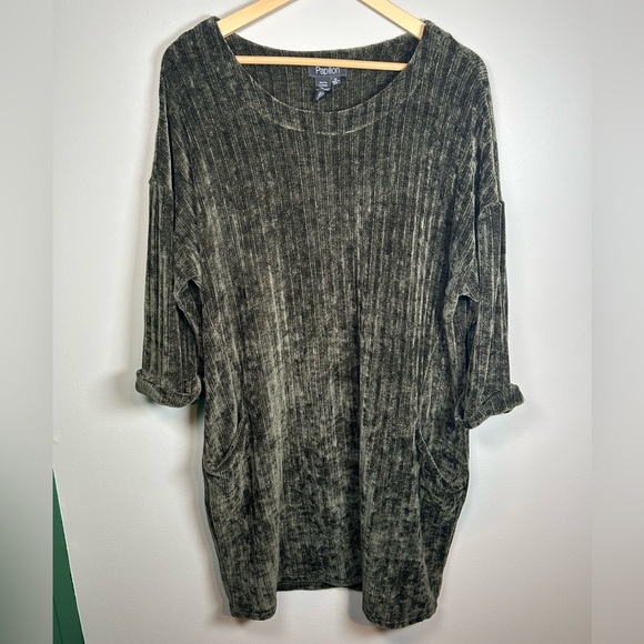 Papillon Chenille Moody Green 3/4 Sleeve Pocket Sweater Dress - Picture 3 of 6